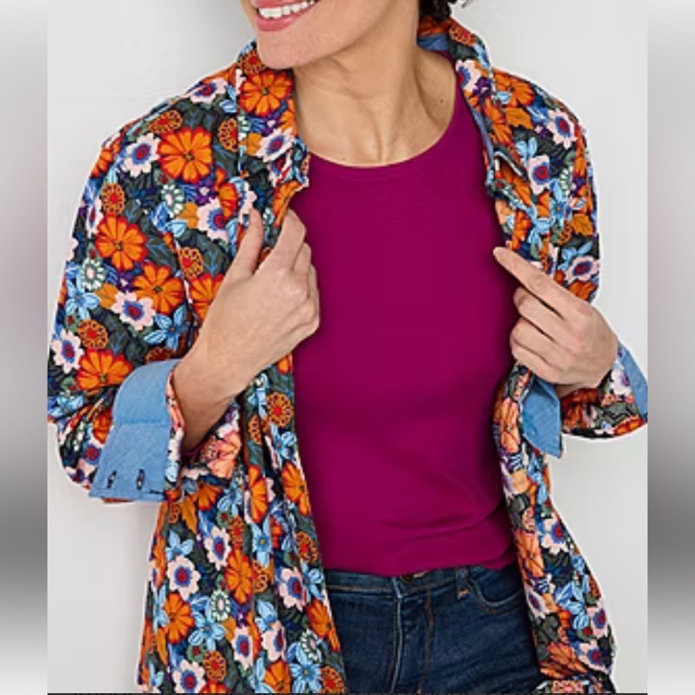 St. John's Bay Vibrant Floral Button Up Shirt Womens M Tall Cottagecore Retro